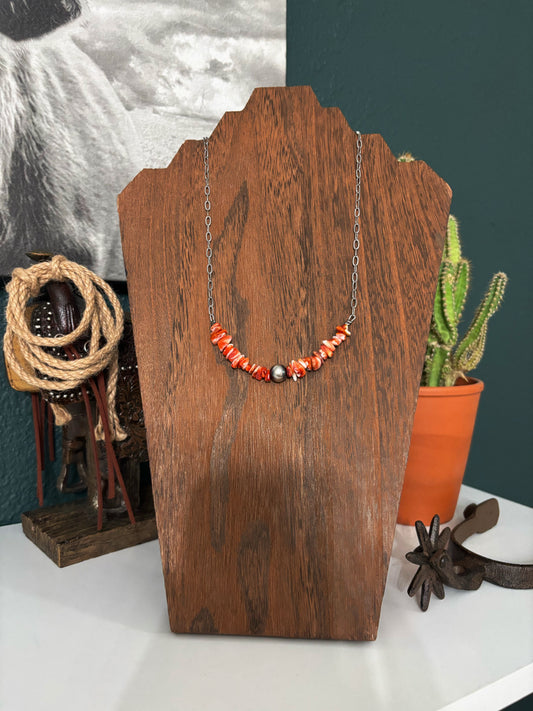 Spiny Oyster Chip + Sterling Pearl Necklace