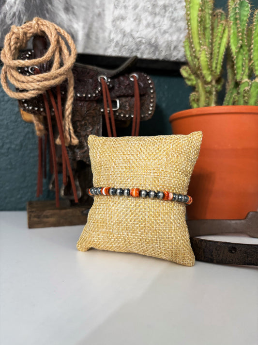 Sterling Silver Pearl + Orange Spiny Bracelet