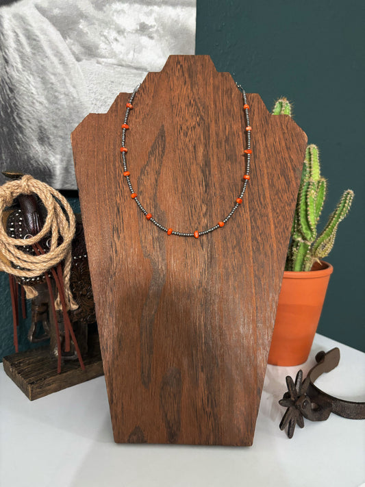 Antique Silver Seed Bead & Dyed Red Coral Choker